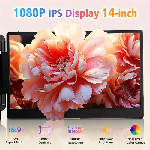 Vista 2 de Extensor de pantalla para laptop, monitor de computadora portátil FHD 1080P IPS de 14 pulgadas para portátiles, monitor de viaje de doble pantalla