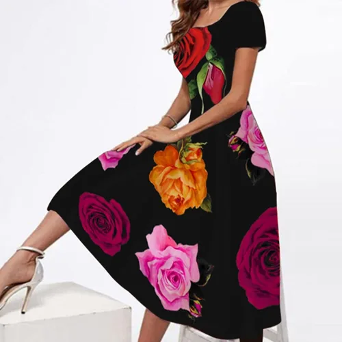 Vista 2 de Padaii Vestidos de primavera para mujer 2022, elegante vestido largo de manga corta fluido, casual, vestido floral elegante para vacaciones