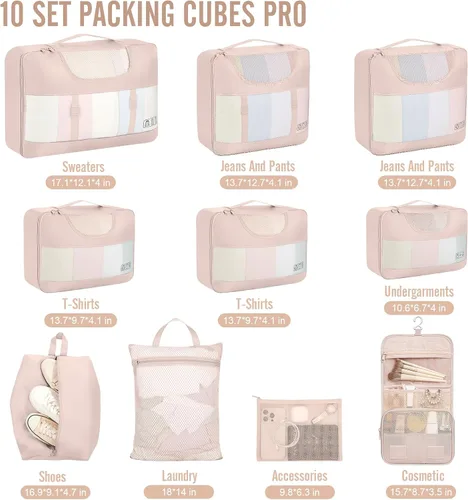 Vista 2 de Veken Juego de 10 cubos de embalaje para viajes, accesorios esenciales para vacaciones en la playa, cruceros, bolsas organizadoras de maleta