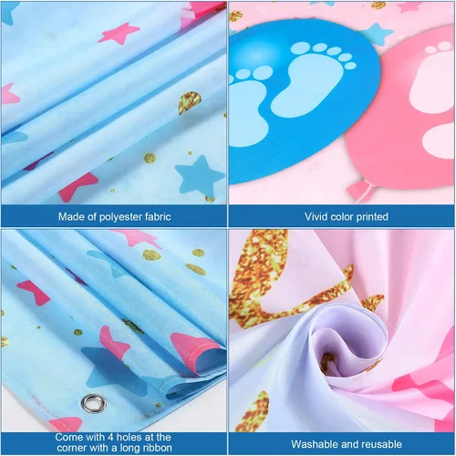 Vista 3 de Fondo de revelación de género para niño o niña, fondo azul y rosa para fiesta de revelación de género, cartel con texto en inglés «What Will Baby