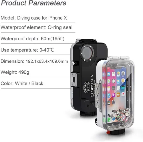 Vista 3 de Funda impermeable para iPhone X/XS 60M/195FT Anillo O submarino Cubierta completa sellada a prueba de nieve a prueba de golpes a prueba de suciedad