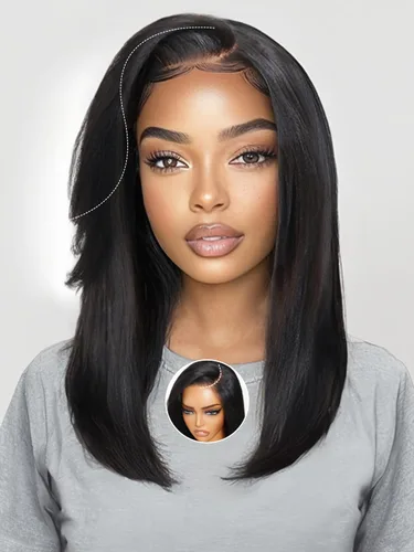 Vista 23 de KLAIYI Peluca de cabello humano con encaje frontal precortada 7x5, corte Bob en capas, corte romo, cordón sin pegamento, peluca predepilada
