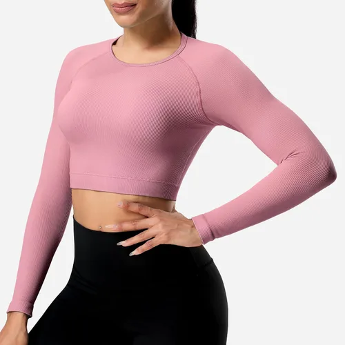 Vista 2 de YEOREO Janelle - Camiseta de manga larga acanalada con espalda abierta para mujer, camiseta deportiva para entrenamiento, yoga, gimnasio