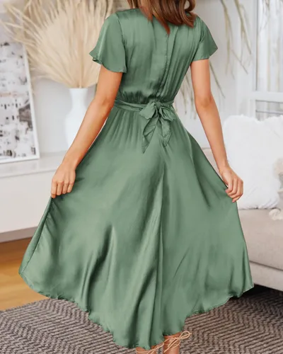 Vista 4 de BTFBM Vestidos de verano de satén con cuello en V profundo para mujer, manga corta, lazo frontal, cintura alta, volantes, acampanado, vestido