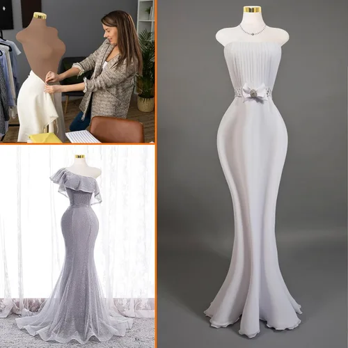Vista 7 de Maniquí femenino sexy, torso corporal de maniquí pinable con base de metal dorado, altura ajustable de 60 a 78 pulgadas para exhibición de ropa