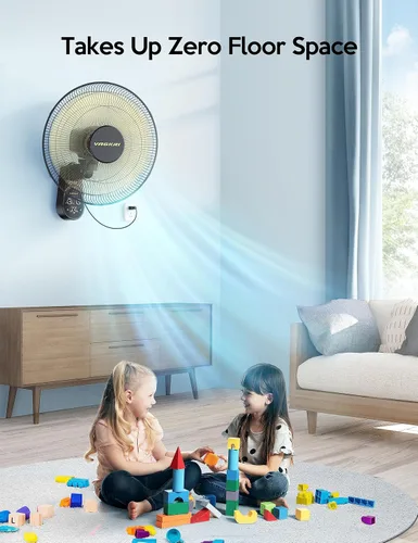 Vista 3 de VAGKRI Ventilador de montaje en pared, ventiladores de pared de 16 pulgadas con 5 cuchillas, 5 velocidades, temporizador de 8 horas, ventilador Negro