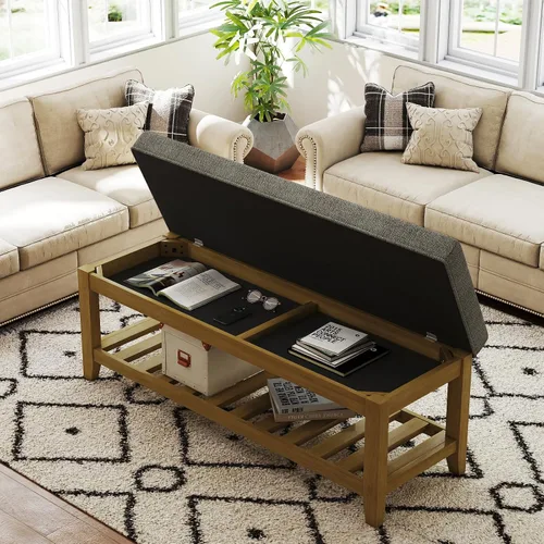 Vista 20 de Otomana con banco de almacenamiento, mesa de centro otomana de lino, gris oscuro Solid frame for added stability, 3.2-inch storage ottoman cushion