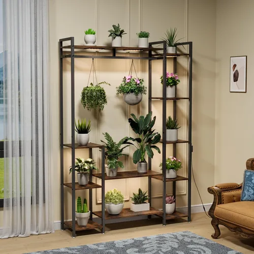 Vista 7 de Soporte para plantas de interior con luces de crecimiento de 11 niveles de madera, estante para plantas de interior de 157 cm de altura, soporte