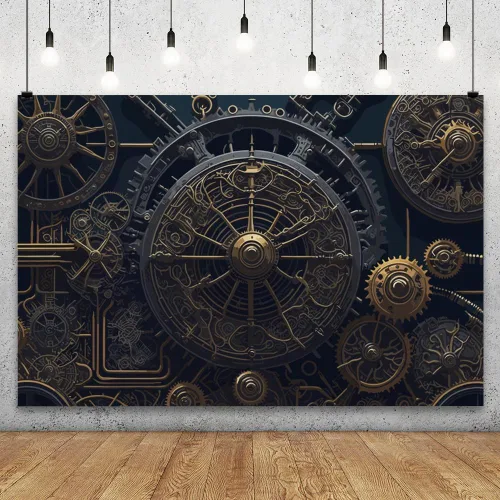 Vista 2 de YongFoto Telón de fondo antiguo steampunk de 5 x 3 pies, relojes de metal retro, esfera industrial mecánica para fotografía, telón de fondo