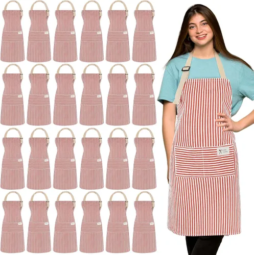 Vista 19 de Janmercy 24 delantales para mujeres y hombres con 2 bolsillos, delantal de cocina de lino, delantal ajustable para chef, delantales a granel unisex