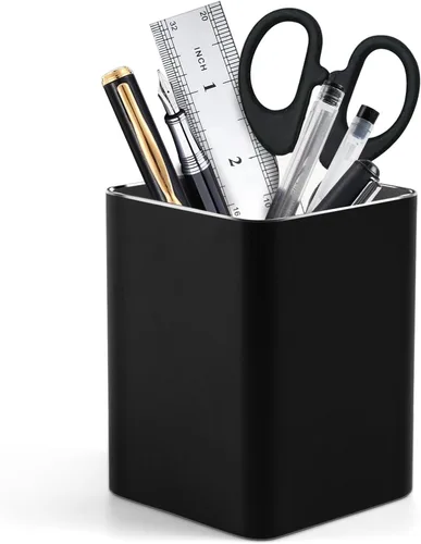 Vista 10 de RQB Soporte de metal para bolígrafo para escritorio, organizador de escritorio redondo de aluminio y soporte para brochas de maquillaje, caja