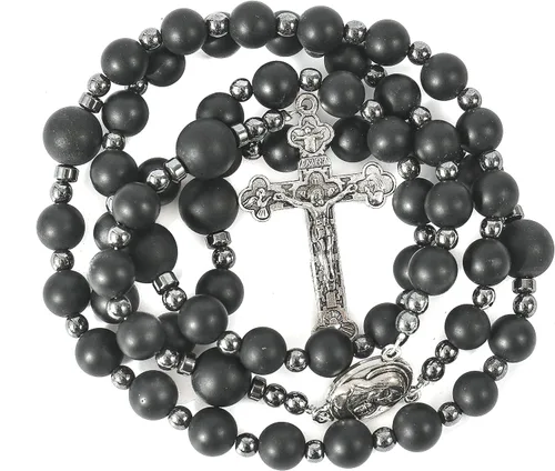 Vista 6 de Nazareth Store Rosario de cuentas de ágata negra, rosario de hombres católicos con cuentas naturales mate con piedras de hematita, medalla de suelo