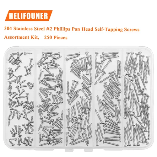 Vista 5 de HELIFOUNER - Juego de 250 tornillos para madera Phillips Pan Head Autorroscantes #2 x 1/4" 3/8" 1/2" 5/8" 3/4", kit surtido de 250 tornillos