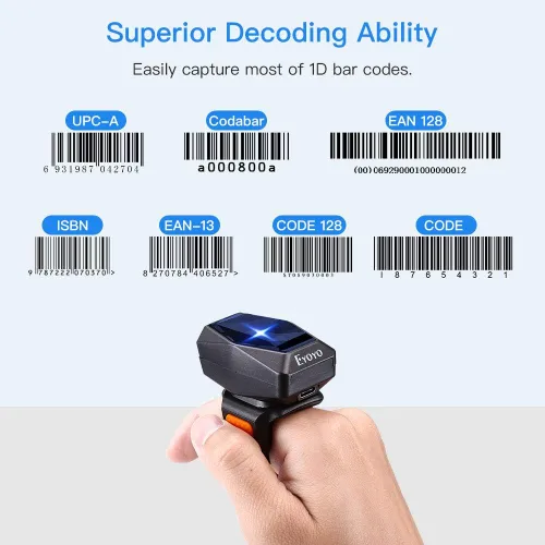 Vista 4 de Eyoyo Escáner de código de barras de anillo portátil Bluetooth 1D, lector de código de barras portátil con conexión inalámbrica y USB de 2.4 GHz