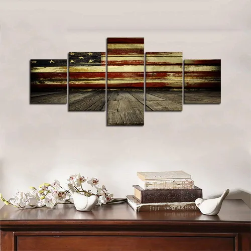 Vista 6 de Cuadros decorativos para pared de sala de estar, impresión en lienzo, retro, vintage, bandera estadounidense estadounidense y pintura moderna