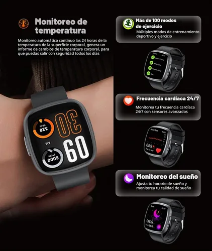 Vista 3 de Reloj inteligente resistente al agua, pantalla táctil HD de 1.72 pulgadas, rastreador avanzado de salud con más de 100 modos de ejercicio Negro