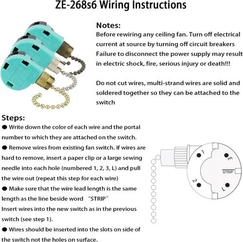 Vista 5 de Interruptor de ventilador de techo ZE-268S6 de 3 velocidades de 4 alambres de bronce Zing Ear para ventiladores de techo lámparas y luces de pared