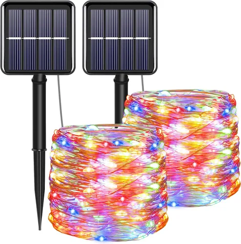 Vista 9 de Tira de luces solares azules de Navidad al aire libre impermeables, 2 paquetes, total 200 LED, 20.1 m, 8 modos, luces de hadas de cobre