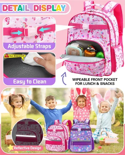 Vista 3 de Mochila para niños y niñas, mochila ligera para niños y niñas, preescolar, primaria, jardín de infantes, Niñas-unicornio rosa, 7L