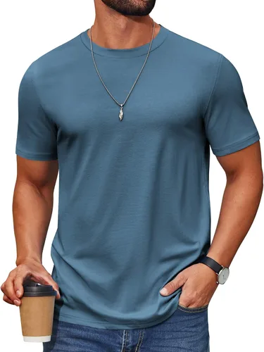 Vista 10 de COOFANDY Camiseta de manga corta para hombre, de mezcla de algodón, cuello redondo, informal, para verano, básica Verde militar