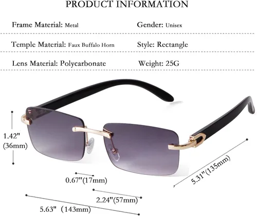 Vista 3 de Fashion Rimless Sunglasses for Women Men Gangster Tinted Lens Frameless Shades Faux Buffalo Horn Glasses Rectangle Eyewear