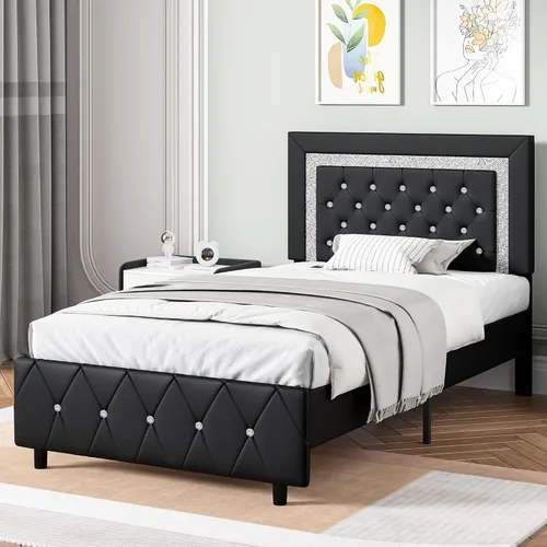 Vista 3 de BarnFurin Base de cama individual con cabecero, cama tapizada con diseño capitonado de diamante, marco de cama para niños con soporte de listones