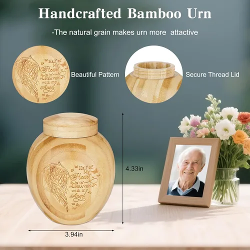 Vista 2 de SOITIS Urnas pequeñas para cenizas humanas: Urna biodegradable de bambú natural de 4.3 pulgadas, mini urnas para cenizas humanas, urnas de recuerdo