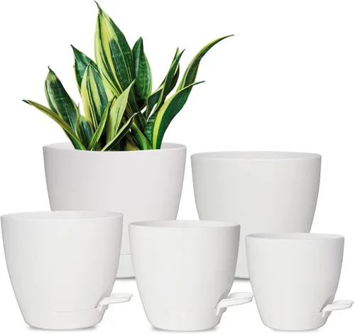 Vista 18 de Vanslogreen Macetas Paquete de 5, Macetas de 7/6.5/6/5.5/5 Pulgadas de Riego Automático con Agujeros de Drenaje para Plantas de Interior, Macetas