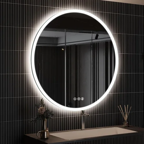Vista 18 de ROOMTEC Espejo de baño LED redondo de 28 pulgadas con luces, espejo de tocador circular con parte delantera y retroiluminada, marco de aluminio