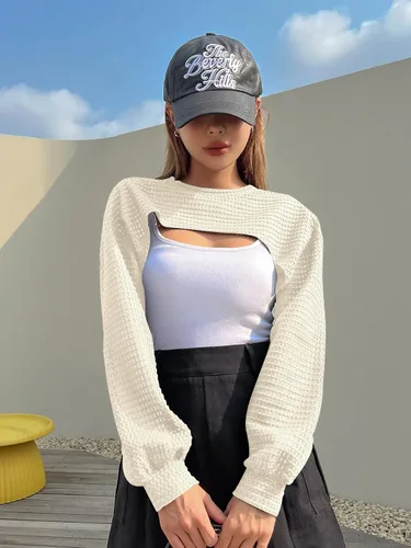 Vista 3 de Verdusa Top corto de punto para mujer, de manga larga, con hueco, tejido de ganchillo, transparente