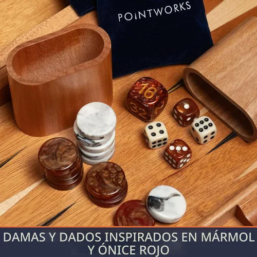 Vista 5 de Pointworks Juegos de backgammon de 17 pulgadas para adultos. Hermoso juego de mesa de backgammon con incrustaciones de madera con damas y dados