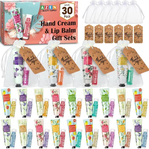 Vista 12 de AZEN 120 Juegos de Regalos a Granel, Crema de Manos y Bálsamo Labial a Granel con Bolsa de Organza, Tarjeta de Agradecimiento, Regalos de Baby