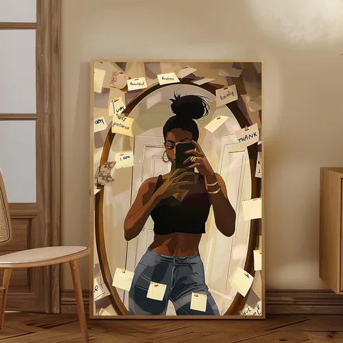 Vista 20 de Lienzo de mujer bohemio con impresiones femeninas, cuadro abstracto de niña, pintura moderna abstracta estética, arte de pared afroamericano