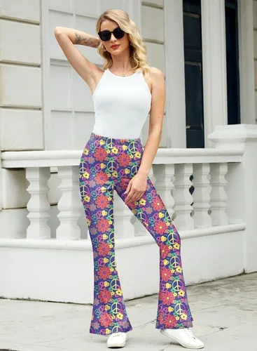 Vista 4 de For G and PL Pantalones de disfraz hippie para mujer, pantalones florales acampanados, cintura alta, pantalones de pierna ancha