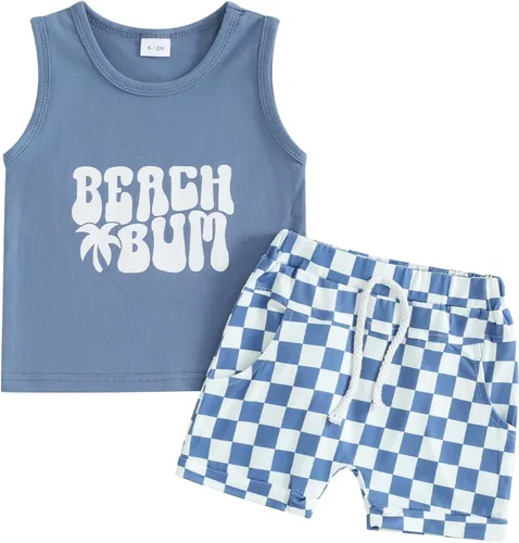 Vista 19 de Ropa de bebé niño sin mangas + pantalones cortos con estampado a rayas con bolsillos, 2 piezas de trajes de verano
