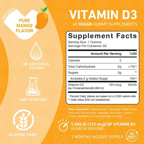 Vista 2 de PUREFINITY Gomitas de vitamina D3 de 5000 iu, tu suplemento diario de vitamina D para la salud ósea, la salud inmunológica y el apoyo muscular