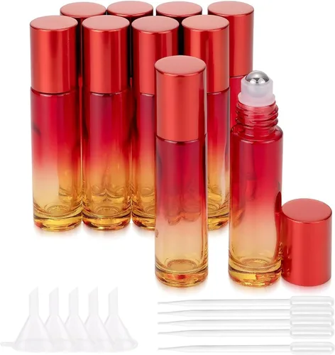 Vista 8 de Paquete de 10 botellas enrollables de aceite esencial de 0.3 fl oz (0.3 fl oz), con bolas enrollables de acero inoxidable y tapa morada, 5 goteros +