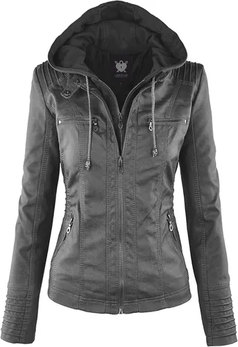 Vista 32 de Lock and Love Chaqueta Abrigo de Moto Motociclista de Piel Sintética para Mujer con Capucha Extraíble o No Extraíble Wjc1044_negro