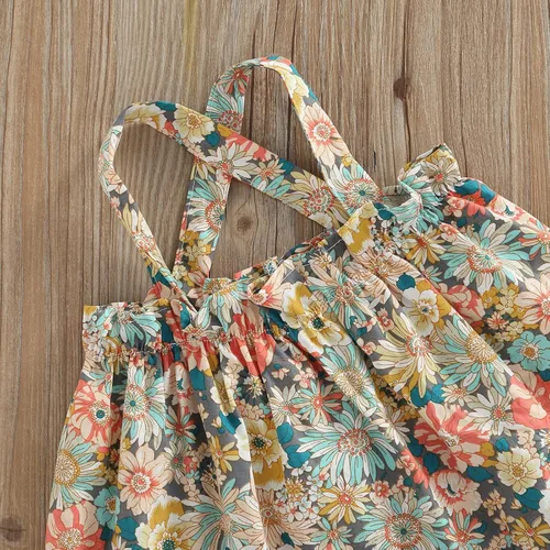 Vista 5 de Conjunto de 2 piezas de ropa con volantes y cuello halter floral para niños pequeños