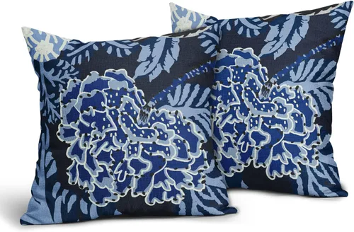 Vista 32 de Sweetshow Juego de 2 fundas de almohada florales de color azul marino de 16 x 16 pulgadas, fundas de almohada cuadradas de lino con estampado