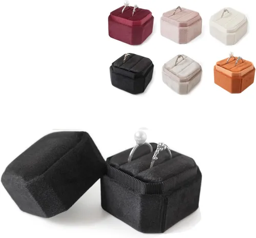 Vista 2 de Caja de terciopelo con 2 ranuras para joyería, caja de compromiso, boda, caja de recuerdo, anillo de foto nupcial, octágono de doble ranura (negro)