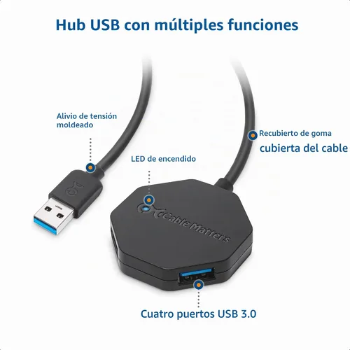 Vista 4 de Cable Matters Hub USB 3.0 Ultra Mini de 4 puertos, cable de 4 pies