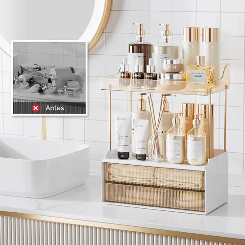 Vista 7 de Delamu Organizador y almacenamiento de baño, 2 niveles y 2 cajones, organizador de maquillaje, fácil de instalar, ideal para encimera de baño, Ámbar