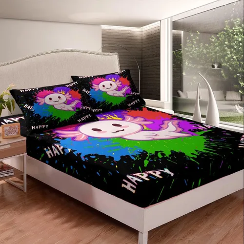 Vista 3 de Homewish Axolotl - Sábana bajera ajustable Kawaii para niños, tamaño individual, juego de ropa de cama de teñido anudado con pintura de acuarela