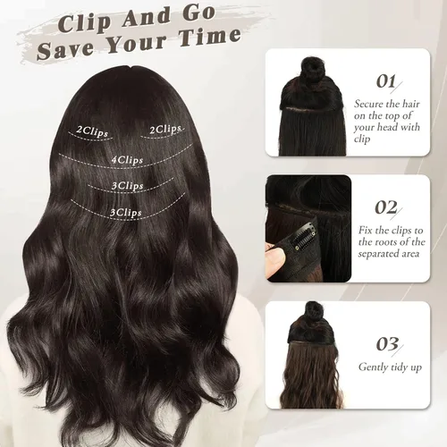 Vista 4 de BARSDAR Extensiones de cabello ondulado con clip negro marrón - 14 pulgadas, extensiones de cabello corto ondulado con clip para mujer - 5 piezas