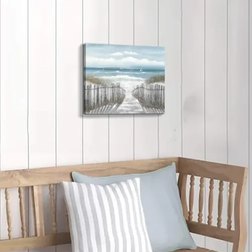 Vista 3 de Lienzo decorativo para pared, camino de playa: camino de arena con pintura de valla a la costa, impresiones artísticas para baño