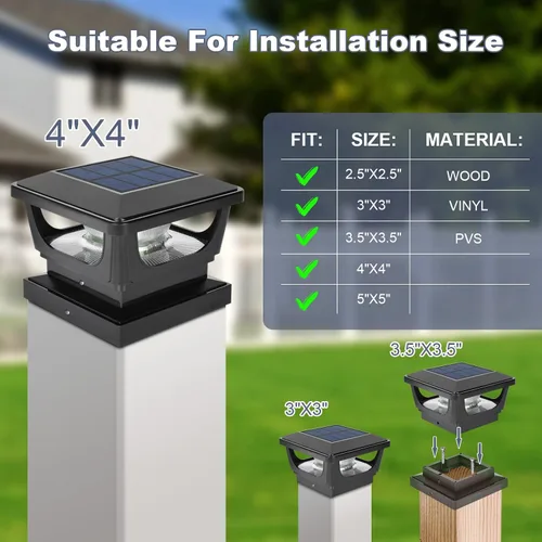 Vista 3 de FVTLED Paquete de 2 luces solares para tapa de poste, impermeables IP65 para exteriores, encendido/apagado automático, 120 lúmenes, 6500 K, blanco
