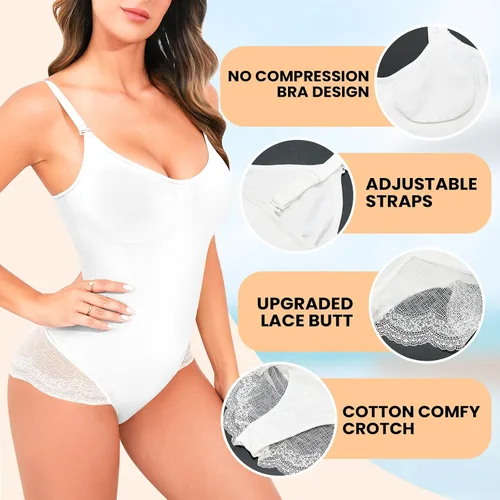 Vista 4 de Body moldeador de tanga para mujer, control de abdomen, busto abierto, moldeador de cuerpo, ropa interior más delgada, Blanco