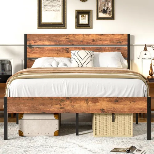 Vista 16 de VECELO Base de cama tamaño individual, plataforma de metal resistente con cabecera de madera, no necesita somier, color marrón antiguo