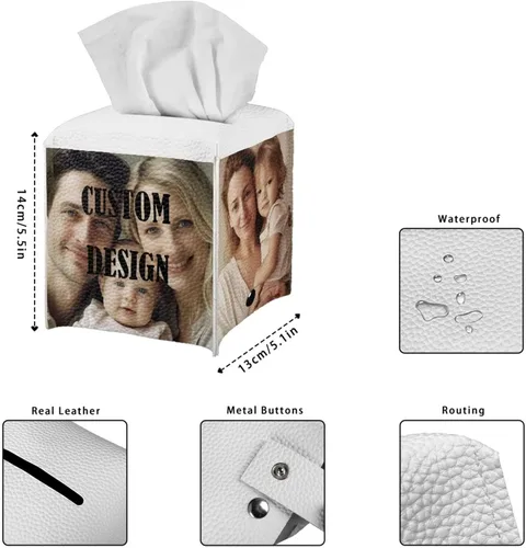 Vista 6 de Personalizar caja de pañuelos de cuero PU cuadrado caja de pañuelos titular personalizado su foto/logotipo/texto, personalizable en todos los lados